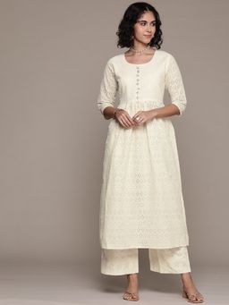 Readiprint - Women Off White Pure Cotton Embroidered Kurta with Palazzo (Set of 2)