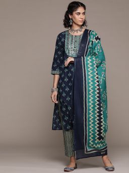 Readiprint - Women Navy Blue Pure Cotton Printed Kurta with Pant and Dupatta (Set of 3)