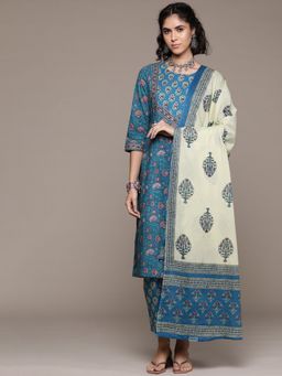 Readiprint - Women Blue Pure Cotton Floral Kurta with Pant and Dupatta (Set of 3)