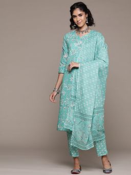 Readiprint - Women Green Pure Cotton Floral Kurta with Pant and Dupatta (Set of 3)