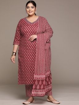 Readiprint - Women Maroon Pure Cotton Floral Kurta with Pant and Dupatta (Set of 3)