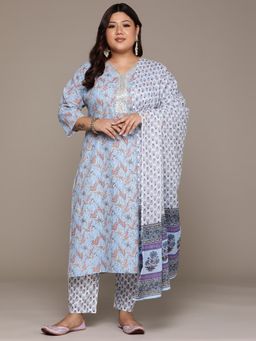 Readiprint - Women Blue Pure Cotton Floral Kurta with Pant and Dupatta (Set of 3)
