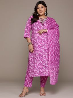 Readiprint - Women Purple Pure Cotton Floral Kurta with Pant and Dupatta (Set of 3)