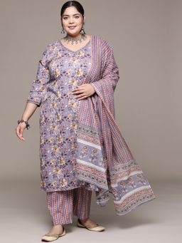 Readiprint - Women Grey Pure Cotton Floral Kurta with Pant and Dupatta (Set of 3)