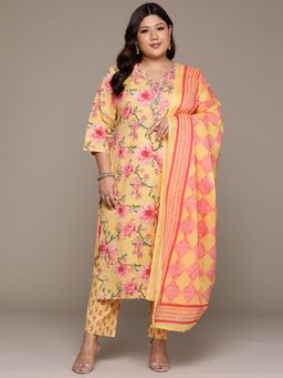 Readiprint - Women Yellow Pure Cotton Floral Kurta with Pant and Dupatta (Set of 3)