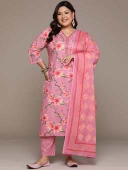 Readiprint - Women Pink Pure Cotton Floral Kurta with Pant and Dupatta (Set of 3)