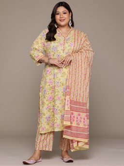 Readiprint - Women Yellow Pure Cotton Floral Kurta with Pant and Dupatta (Set of 3)