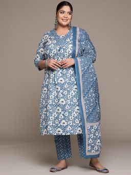 Readiprint - Women Blue Pure Cotton Floral Kurta with Pant and Dupatta (Set of 3)