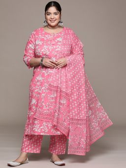 Readiprint - Women Pink Pure Cotton Floral Kurta with Pant and Dupatta (Set of 3)
