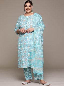 Readiprint - Women Blue Pure Cotton Floral Kurta with Pant and Dupatta (Set of 3)