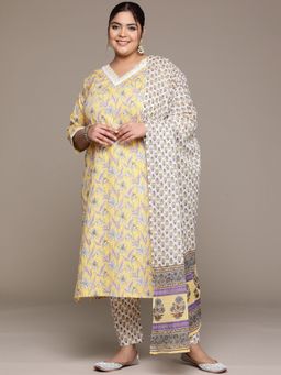 Readiprint - Women Yellow Pure Cotton Floral Kurta with Pant and Dupatta (Set of 3)