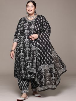 Readiprint - Women Black Pure Cotton Floral Kurta with Harem Pant and Dupatta (Set of 3)
