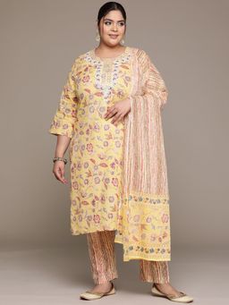 Readiprint - Women Yellow Pure Cotton Floral Kurta with Pant and Dupatta (Set of 3)