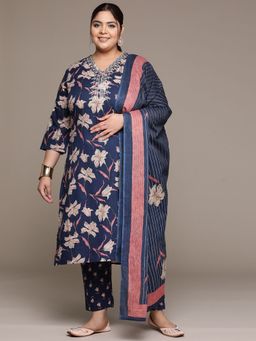 Readiprint - Women Navy Blue Pure Cotton Floral Kurta with Pant and Dupatta (Set of 3)