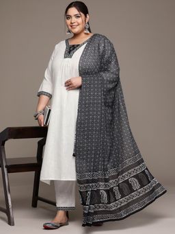 Readiprint - Women White Pure Cotton Printed Kurta with Pant and Dupatta (Set of 3)