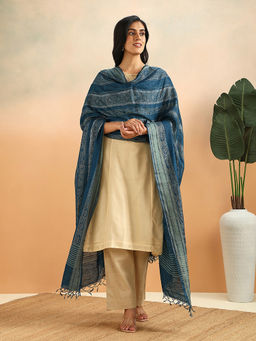 Fabindia - Navy Blue Tussar Cotton Hand Block Printed Dupatta