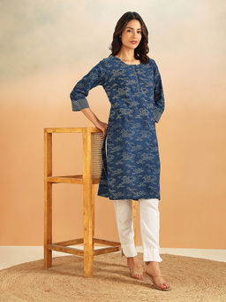 Fabindia - Indigo Cotton Printed Knee Length Kurta