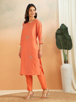 Fabindia - Pink Cotton Silk Blend Embroidered Long Kurta