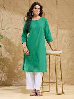Fabindia - Green Cotton Pintuck Kurta