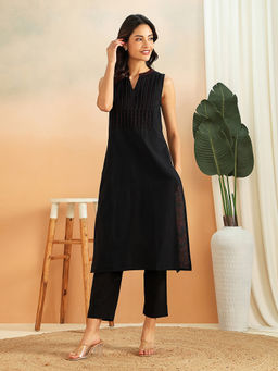 Fabindia - Black Cotton Pintuck Long Kurta