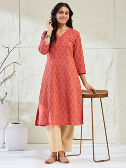 Fabindia - Rust Cotton Hand Block Print Slim Fit Long Kurta