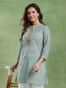 Fabindia - Green Cotton Chikankari Short Kurti