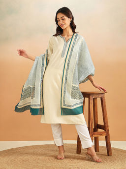 Fabindia - Blue Cotton Silk Blend Hand Block Print Dupatta