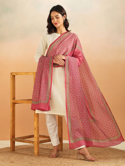 Fabindia - Pink Cotton Silk Hand Block Print Dupatta