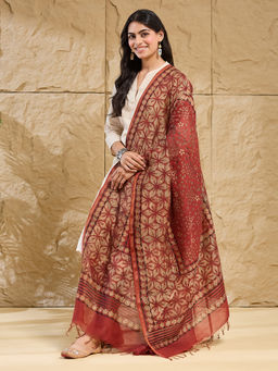 Fabindia - Red Cotton Silk Blend Hand Block Print Dupatta