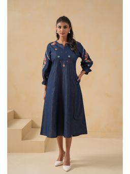 SAVI - Blue Denim Embroidered A-line Designer Midi Dress