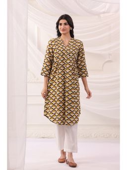 SAVI - Mustard Cotton A-line Pintuck Kurta