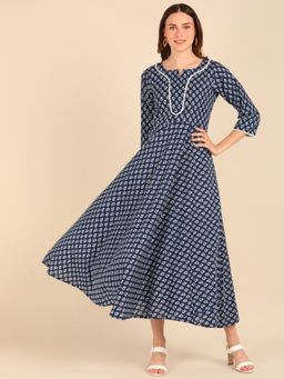 VEDANA - Indigo Printed Fit and Flare Ankle Length Maxi Dress