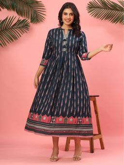 VEDANA - Midnight Indigo Pure Cotton Pleated Maxi Dress