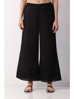Biba - Women Black Cotton Lace Trim Flared Palazzo
