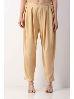 Biba - Women Gold-Toned Viscose Lycra Pleated Straight Pant