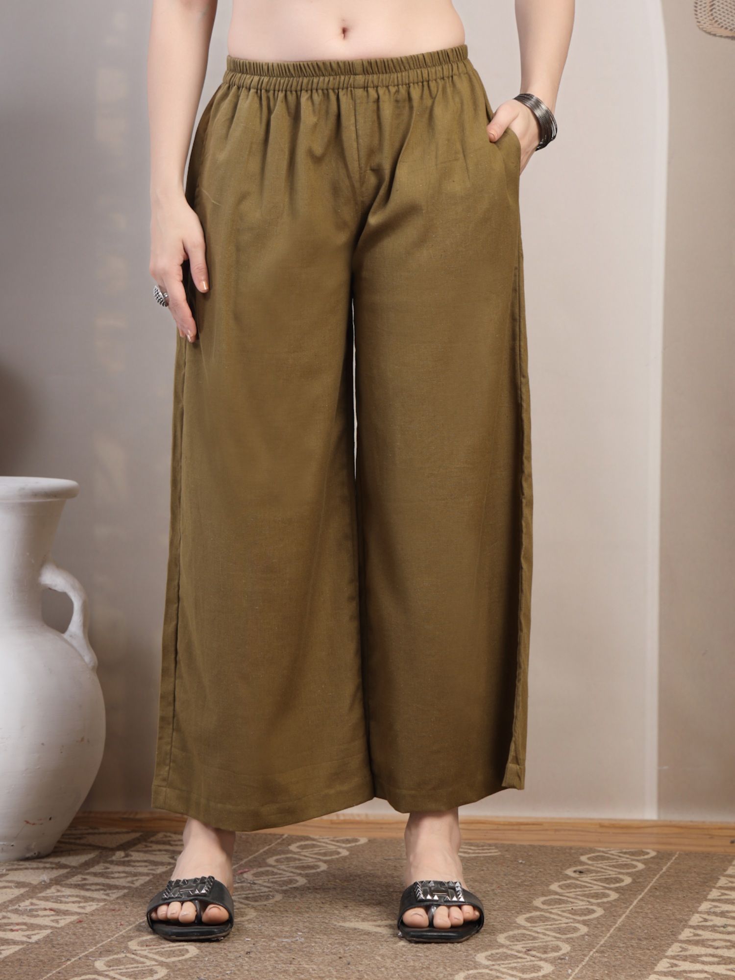 cotland fashion Olive Solid Straight Palazzo for Women-picture-17