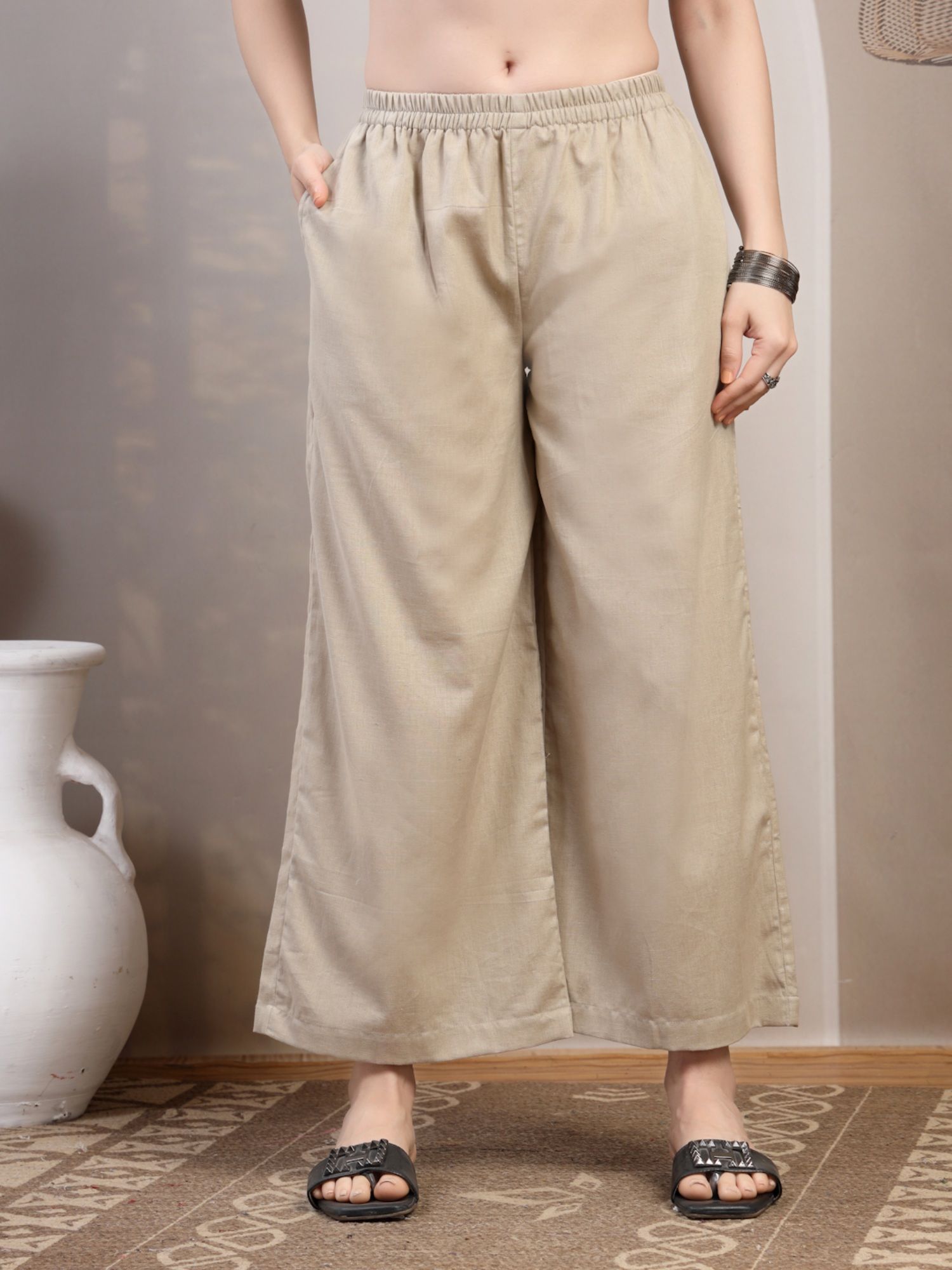Beige Solid Straight Palazzo for Women-image-4