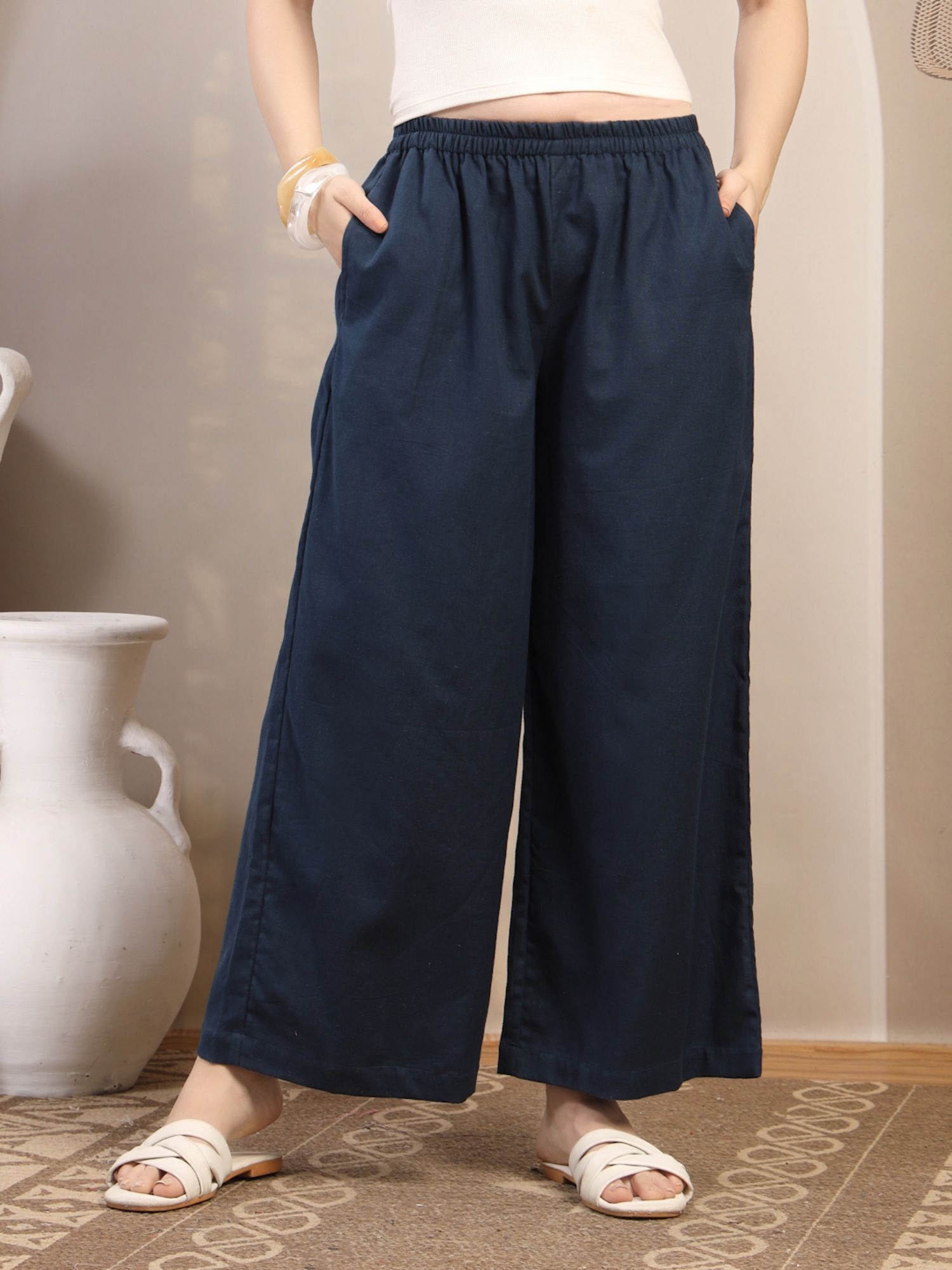 cotland fashion Navy Blue Solid Straight Palazzo for Women-picture-32