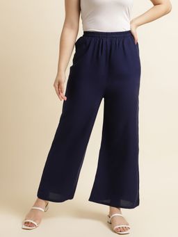 Fabclub - Women Rayon Navy Blue Solid Plain Palazzo