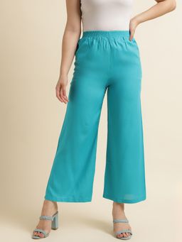 Fabclub - Women Rayon Turquoise Solid Plain Palazzo