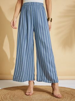 Fabclub - Women Rayon Grey Striped Palazzo