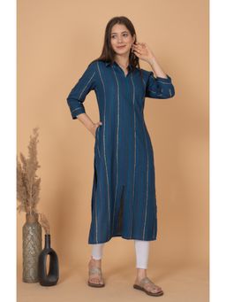 Rimeline - Women Striped Pattern Shirt Collar Rayon Kurta