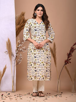 Rimeline - Women Motifs Printed V-Neck Pure Cotton Straight Kurta