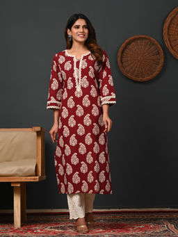 Rimeline - Women Floral Printed Cotton Straight Kurta