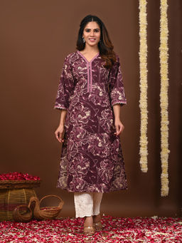 Rimeline - Women Floral Printed Lace Detail Cotton Straight Kurta