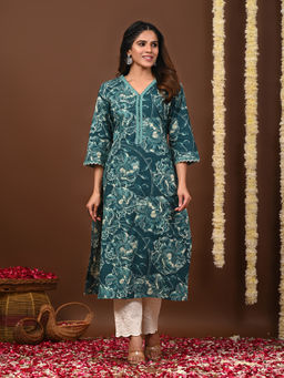 Rimeline - Women Floral Printed Lace Detail Cotton Straight Kurta