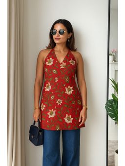 Kaori By Shreya - Women Red Printed Daily Cotton Straight Short Kurti