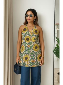 Kaori By Shreya - Women Yellow Printed Daily Cotton Straight Short Kurti