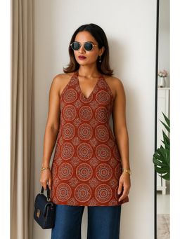 Kaori By Shreya - Women Brown Printed Daily Cotton Straight Short Kurti