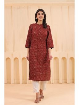 SAVI - Maroon Cotton Pintuck Printed Straight Kurta